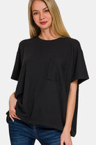 Zenana Black Ribbed Short Sleeve Front Pocket T-Shirt Trendsi