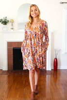 Haptics Babydoll Floral Knee Length Dress with Pockets in Taupe Rust Ave Shops