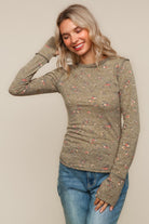 Haptics Olive Floral Knit Top with Thumb Holes