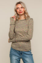 Haptics Olive Floral Knit Top with Thumb Holes
