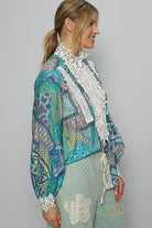 POL Teal Mock Neck Lace Detail Printed Paisley Button Down Long Sleeve Woven Top Shirts & Tops