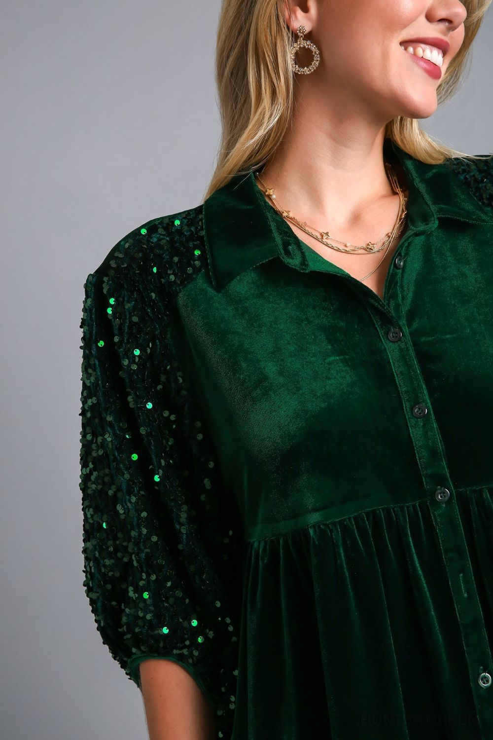 Umgee Velvet Tiered Back Sequin Detail Sleeve Blouse in Hunter Green Shirts & Tops