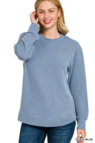 Zenana Dusty Blue Raised Rib Round Neck Long Sleeve Top DUSTY BLUE
