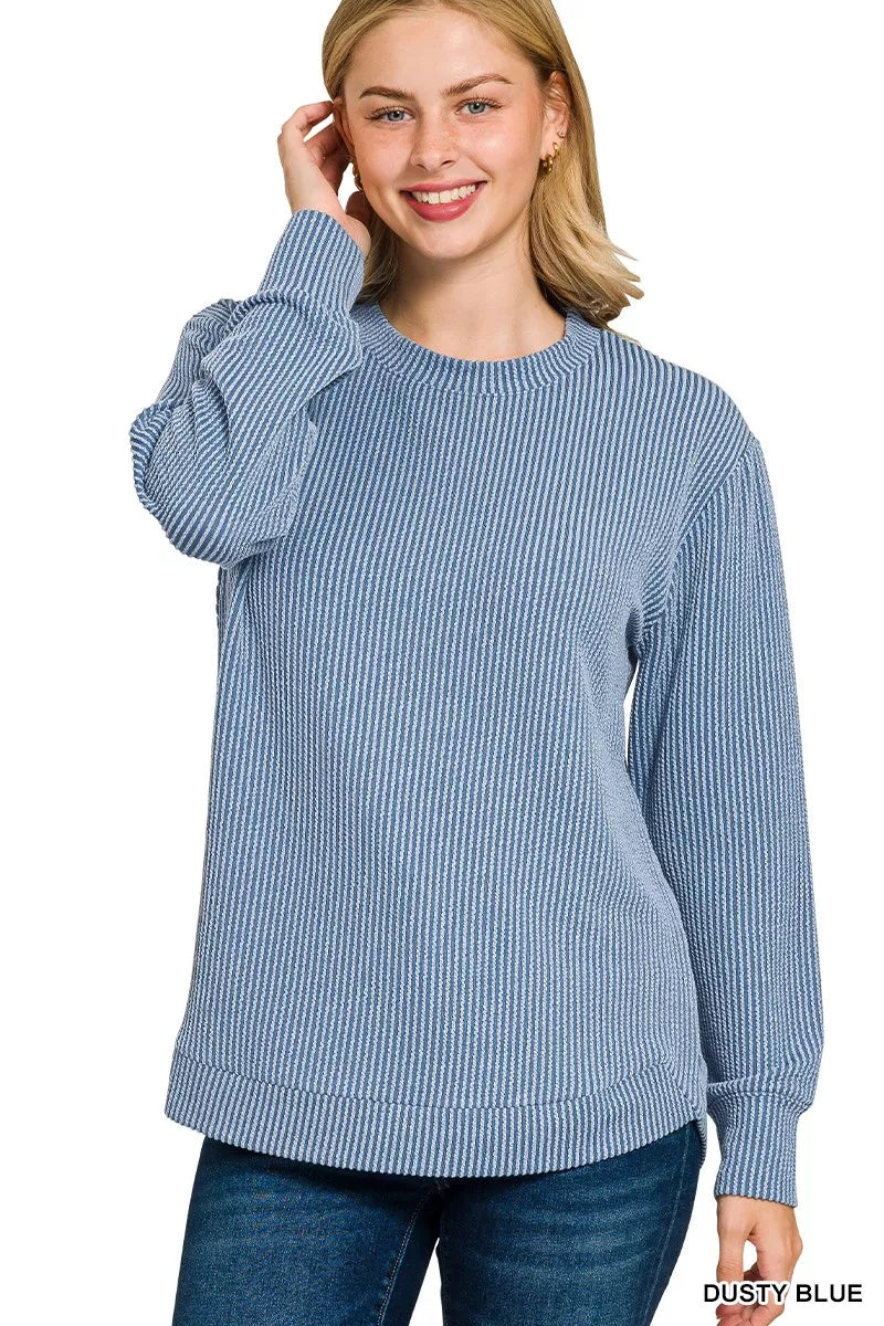 Zenana Dusty Blue Raised Rib Round Neck Long Sleeve Top DUSTY BLUE