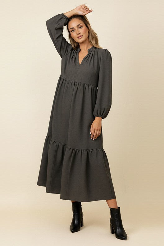 Haptics Ash Loose Fit Solid Waffle Woven Maxi Dress