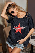 BiBi Laser Cut Mineral Washed Jersey Top with America in Black Charcoal