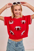 BiBi Red Game Day Sequin Football Embroidered Stitch Sweater RED WHITE