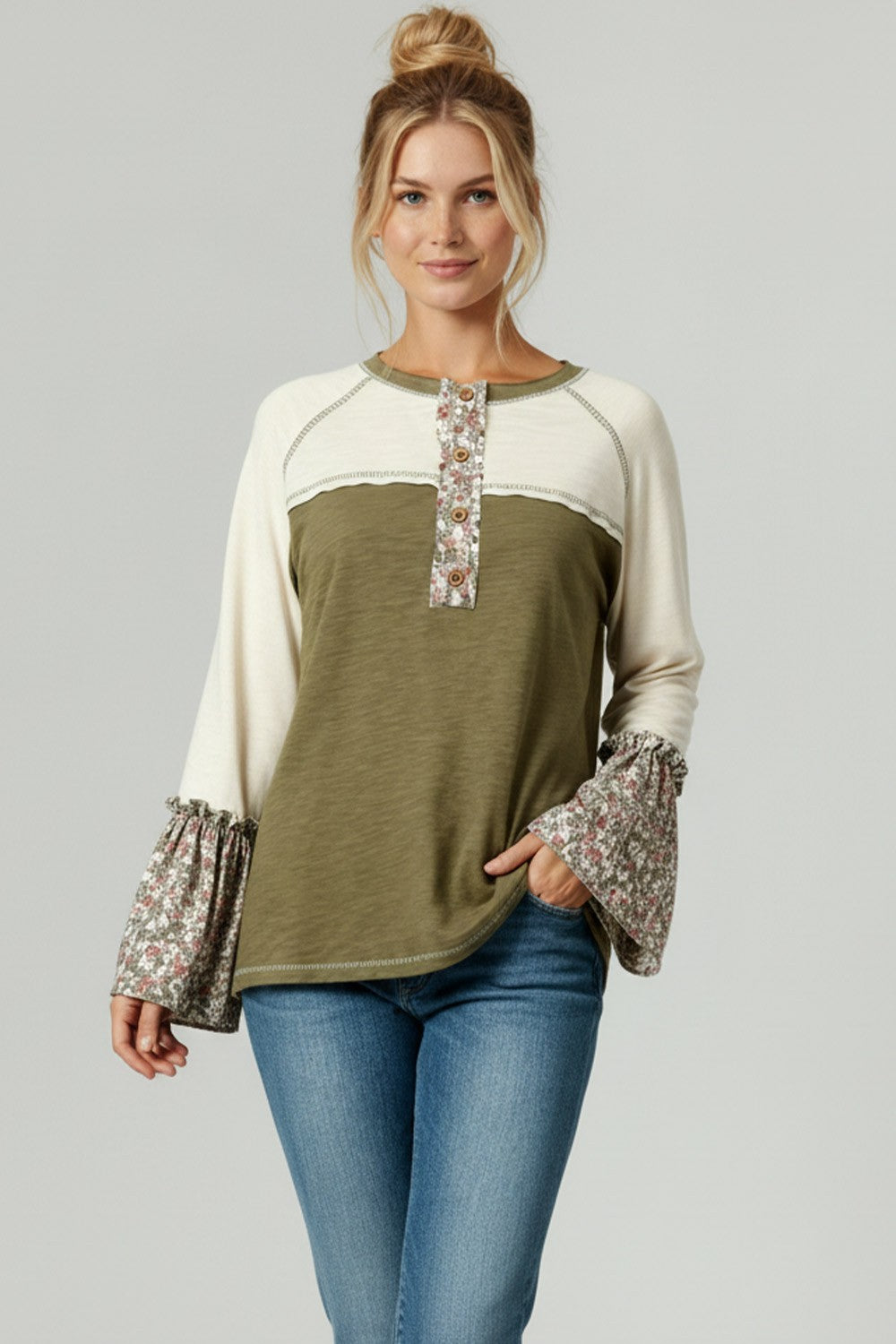 Kori America Olive Cotton Color Block Floral Print Bell Sleeve Top