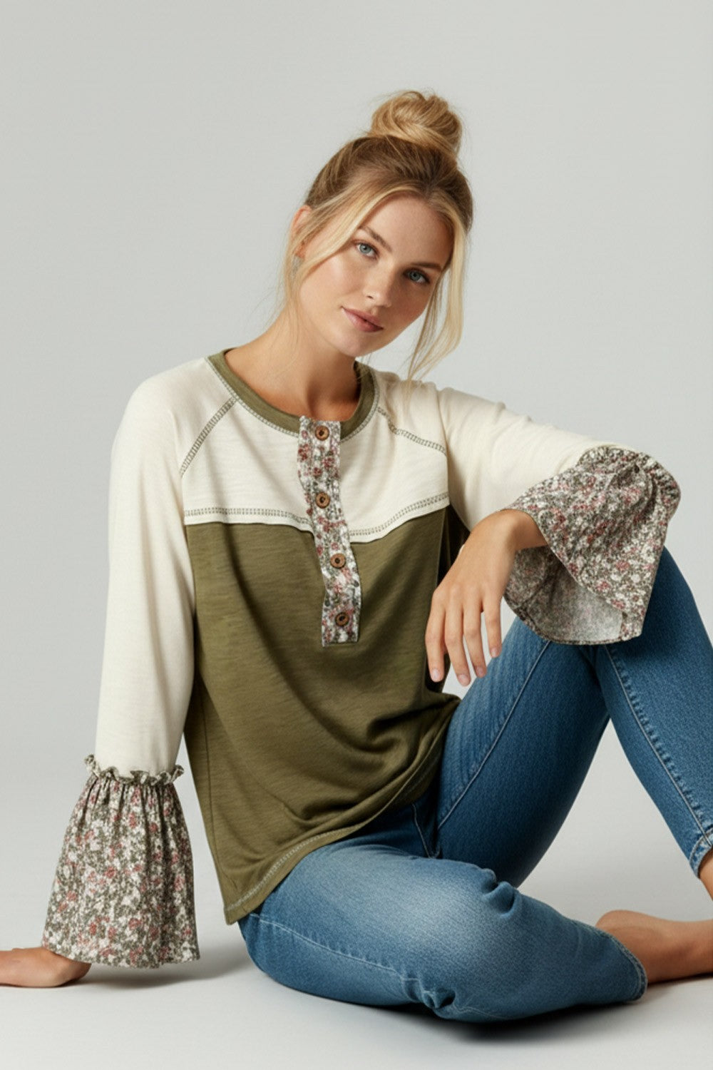 Kori America Olive Cotton Color Block Floral Print Bell Sleeve Top