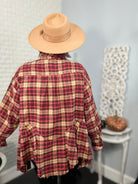 Haptics Burgundy/Taupe Plaid Button Down Sharkbite Shirt Trendsi