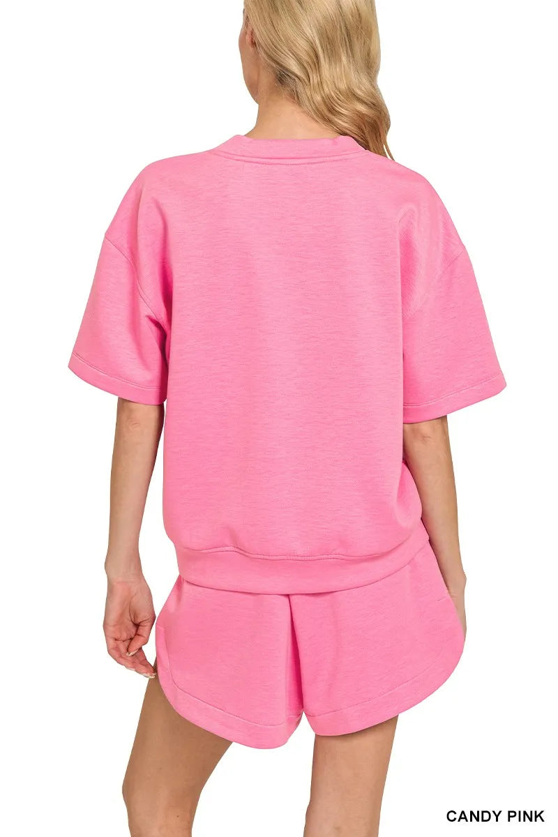 Zenana Dark Green Scuba Short Sleeve Top & Shorts Set