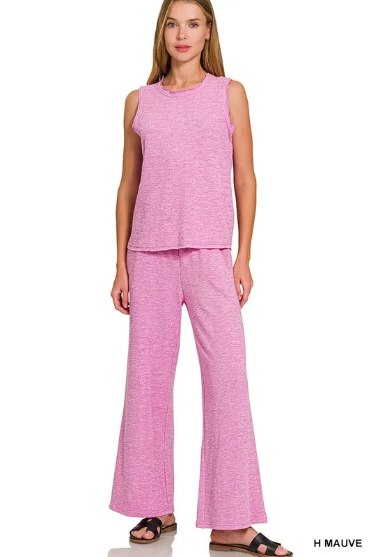 Zenana Heather Mauve Cotton Slub Tank & Pants Set H MAUVE
