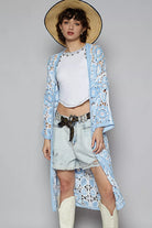 POL Open Front Crochet Cardigan with Knit Weave Patterns Blue One Size