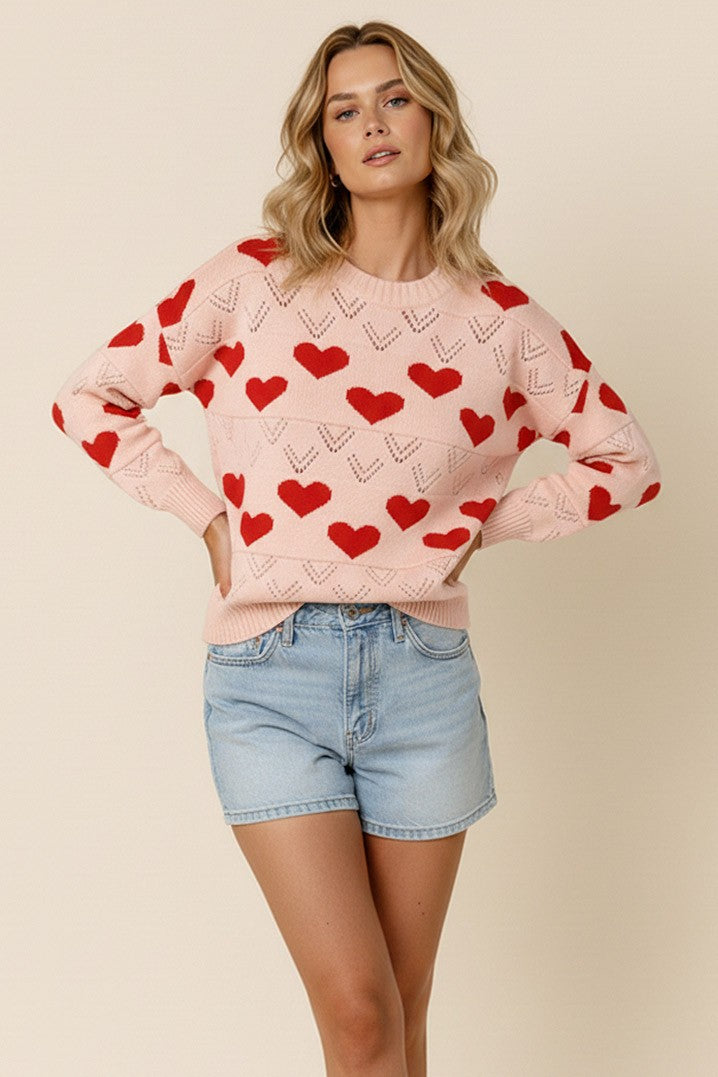 Haptics Heart Jacquard Pullover Sweater Knit Top