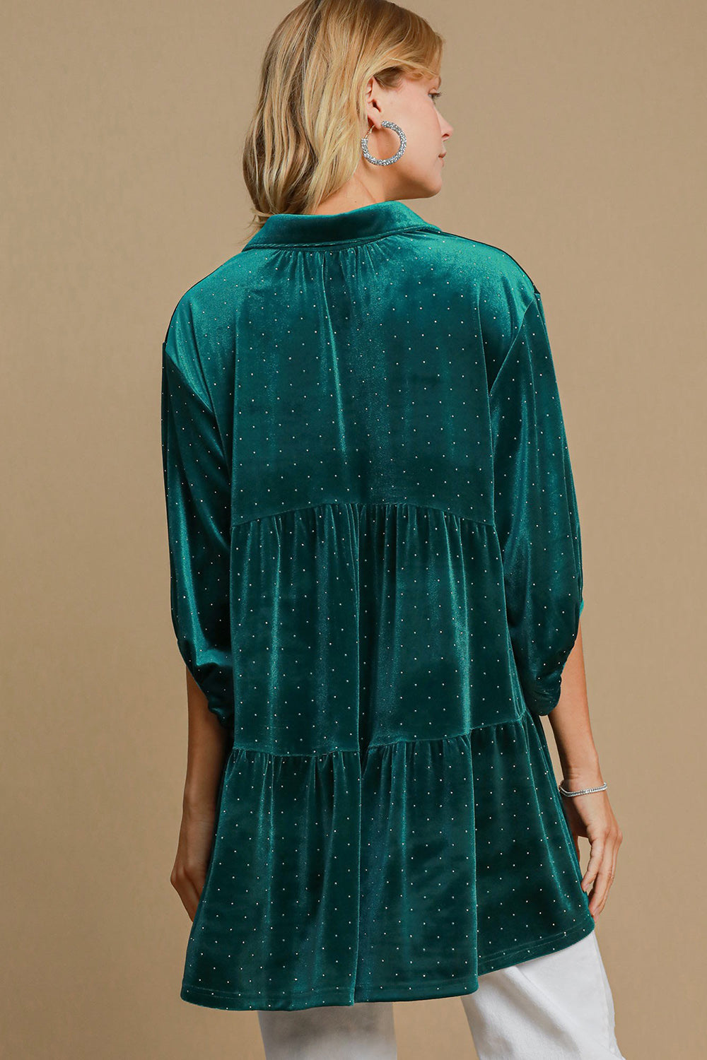 Umgee Teal Green Velvet Beaded Collared Neck Button Up Tunic Shirts & Tops