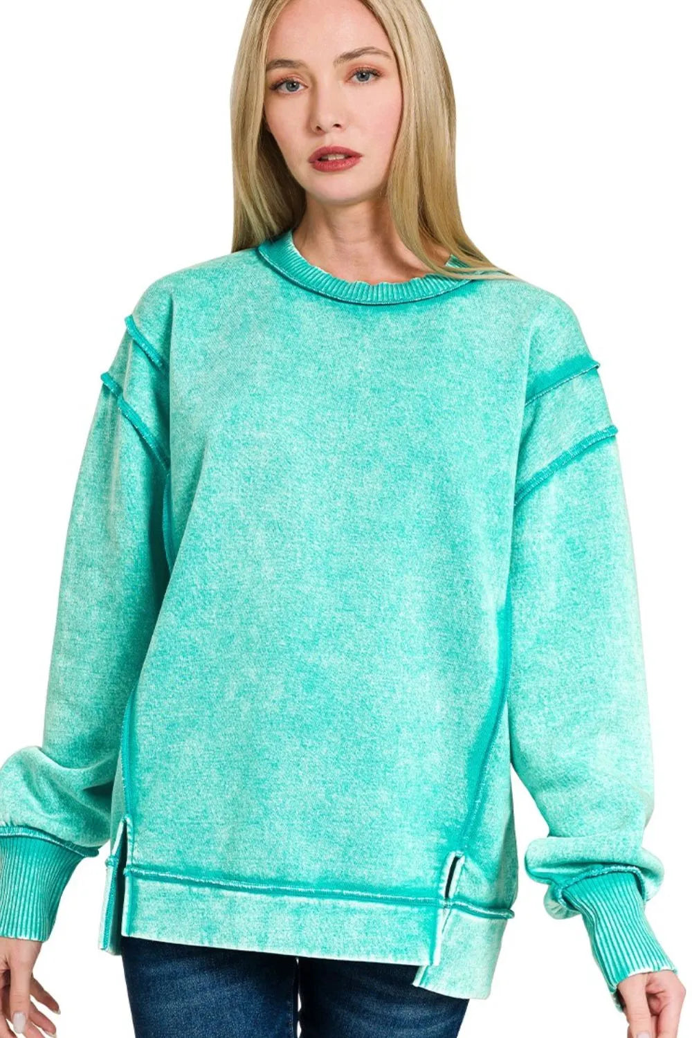 Zenana Turquoise Acid Wash Exposed-seam Fleece Sweatshirt TURQUOISE