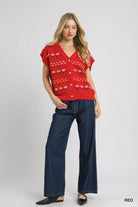 Umgee Red Button-Down Knit Vest with Floral Pattern