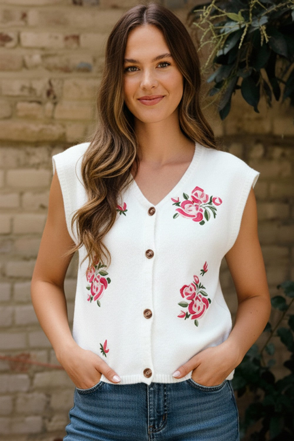 Haptics Button Down Floral Embroidery Sweater Vest