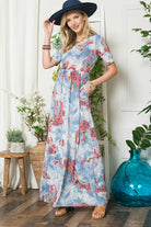 Celeste Light Blue Paisley Print Short Sleeve Maxi Dress with Pockets Light Blue