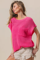 BiBi Fuchsia Patch Pocket Short Sleeve Sweater Trendsi