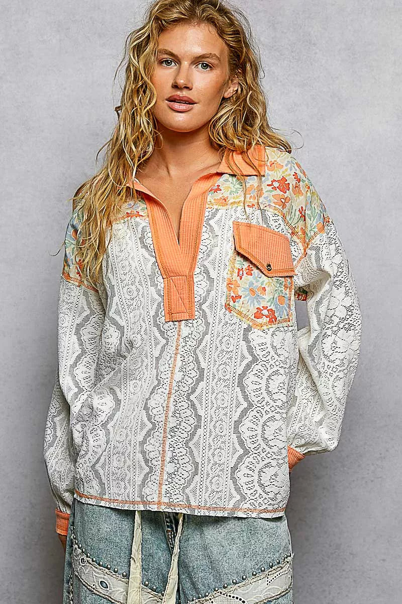 POL Coral Orange Floral Print Long Sleeve Lace Shirt with Front Pocket