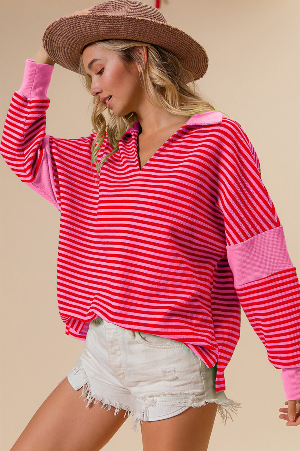 BiBi Pink Striped Contrast Long Sleeve Knit Top Pink Trendsi