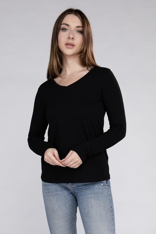 Zenana Cotton V-Neck Long Sleeve T-Shirt BLACK ZENANA