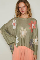 POL Olive Flower Dropped Shoulder Long Sleeve Knit Top Olive Shirts & Tops