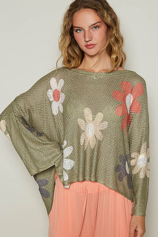 POL Olive Flower Dropped Shoulder Long Sleeve Knit Top Olive Shirts & Tops