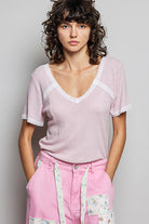 POL Baby Pink Lace Detail V-Neck Short Sleeve Textured T-Shirt BABY PINK
