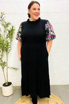 Haptics Black Floral Sequin Puff Sleeve Mock Neck Tiered Maxi Dress Haptics