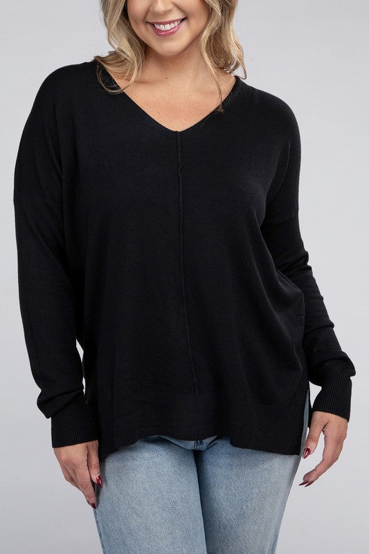 Zenana Plus Garment Dyed Front Seam Sweater BLACK ZENANA
