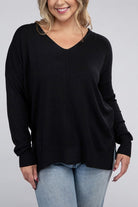 Zenana Plus Garment Dyed Front Seam Sweater BLACK ZENANA