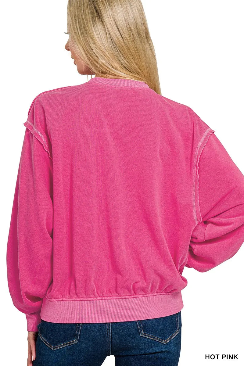 Zenana Hot Pink Soft Fleece Pigment Dye Round Neck Pullover