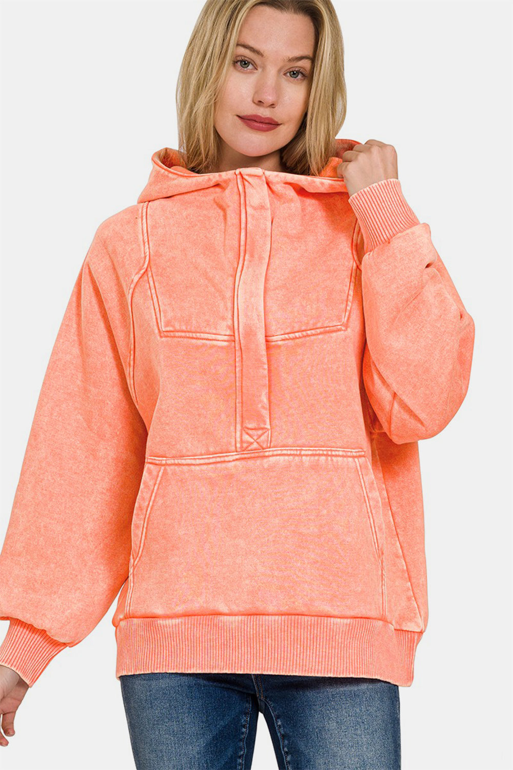 Zenana Coral Acid Wash Fleece Kangaroo Hoodie Shirts & Tops