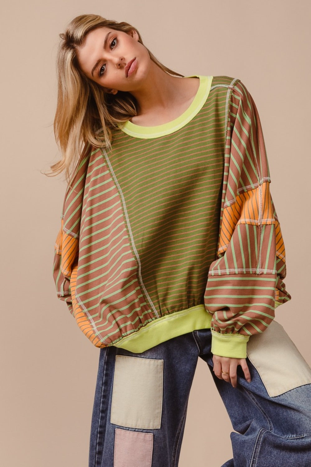 BiBi Color Block Striped Round Neck Sweatshirt Trendsi