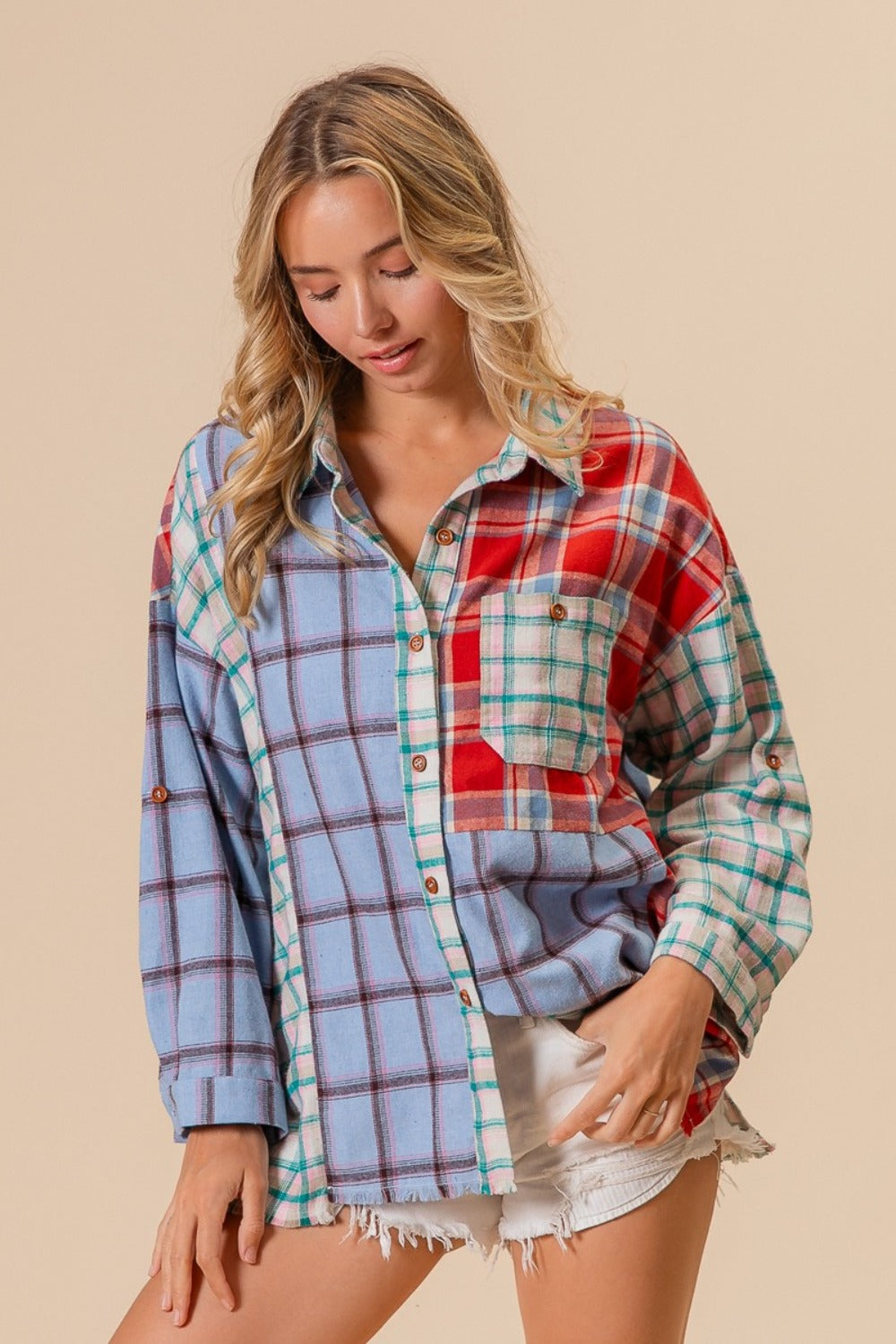 BiBi Denim Color Block Plaid Button Down Shirt Trendsi