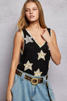 POL Black Washed Ribbed V-Neck Tank with Floral Print Star Patch BLACK