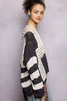 POL Charcoal Color-Blocked Stripe Pattern Knit Top with Twisted Weave