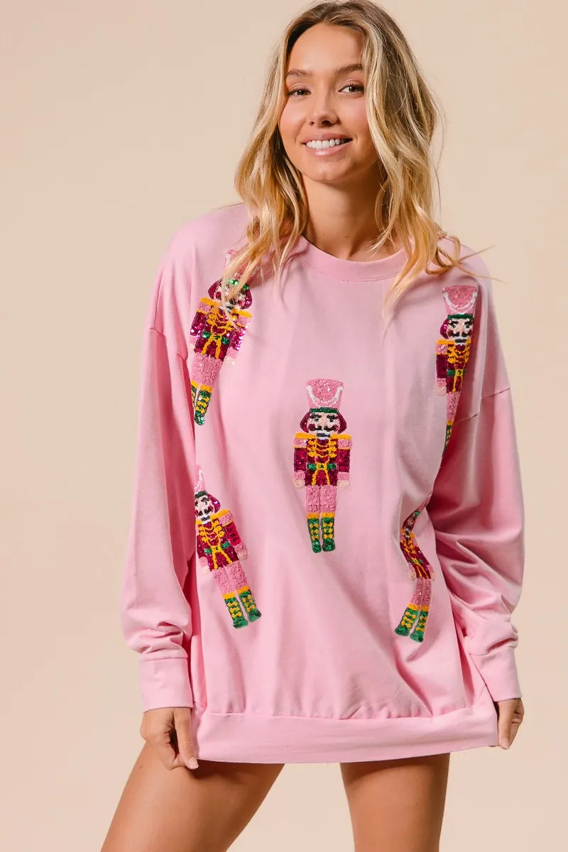 BiBi Light Pink Sequin Nutcrackers Embroidery Christmas Sweatshirt