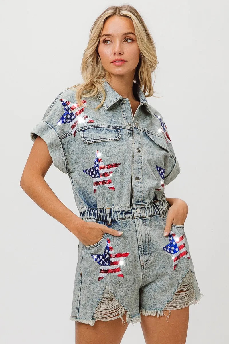 BiBi American Flag Washed Denim Romper