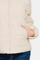 Zenana Cream Zip Up Turtleneck Puffer Jacket with Pockets Trendsi