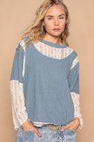 POL Lace Panel Round Neck Long Sleeve Top Cornflower Blue Trendsi