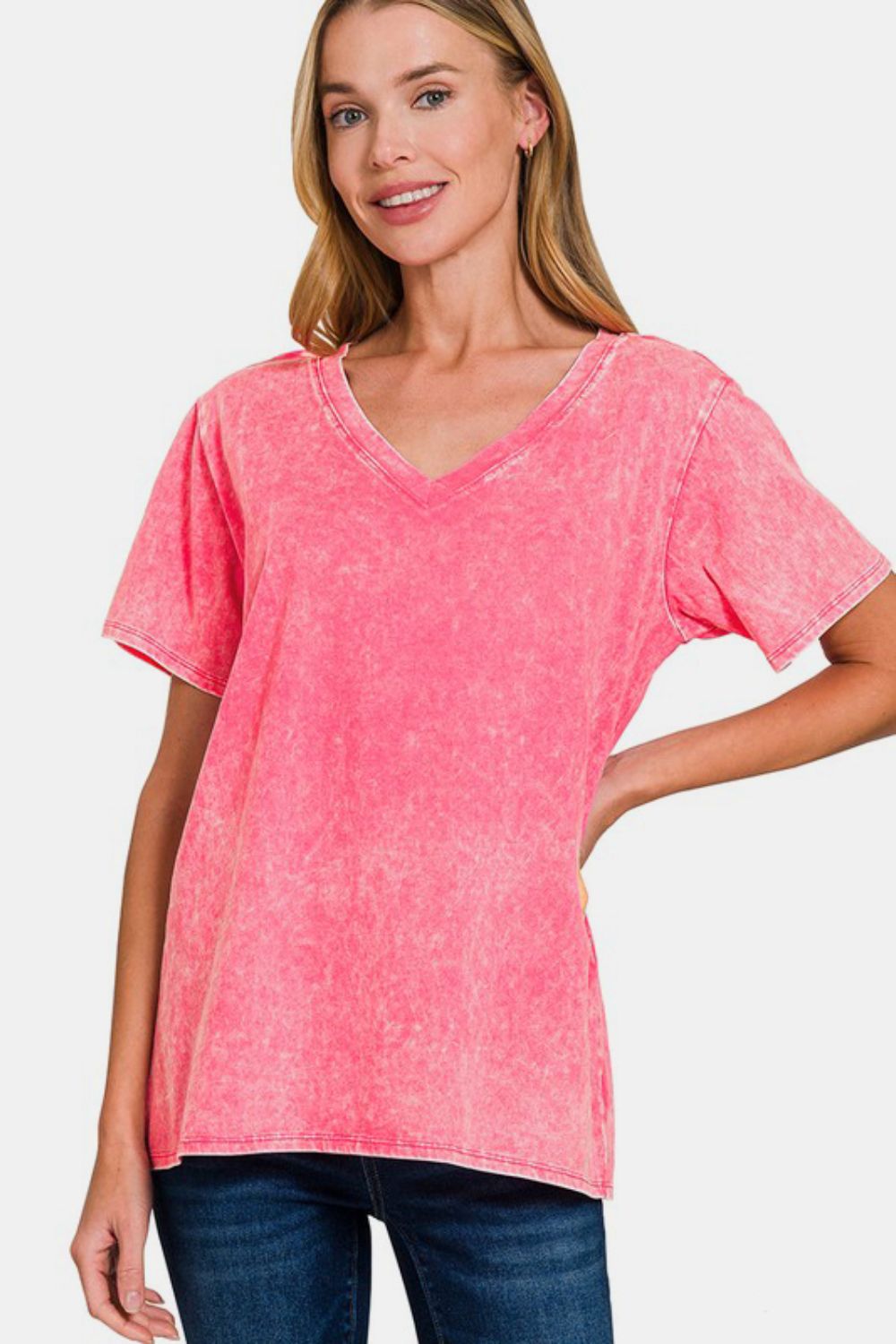 Zenana Strawberry Acid Washed Short Sleeve V-Neck T-Shirt Strawberry Shirts & Tops