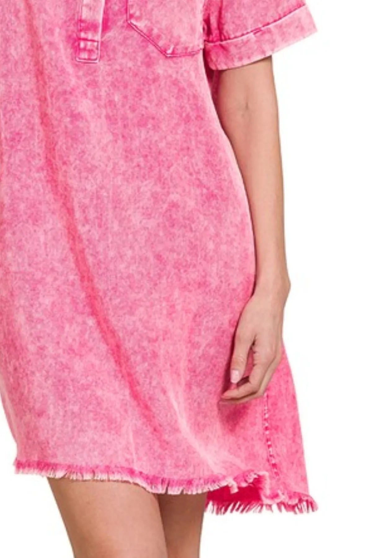 Zenana Hot Pink Tencel Mineral Washed Collared Shirts Dress