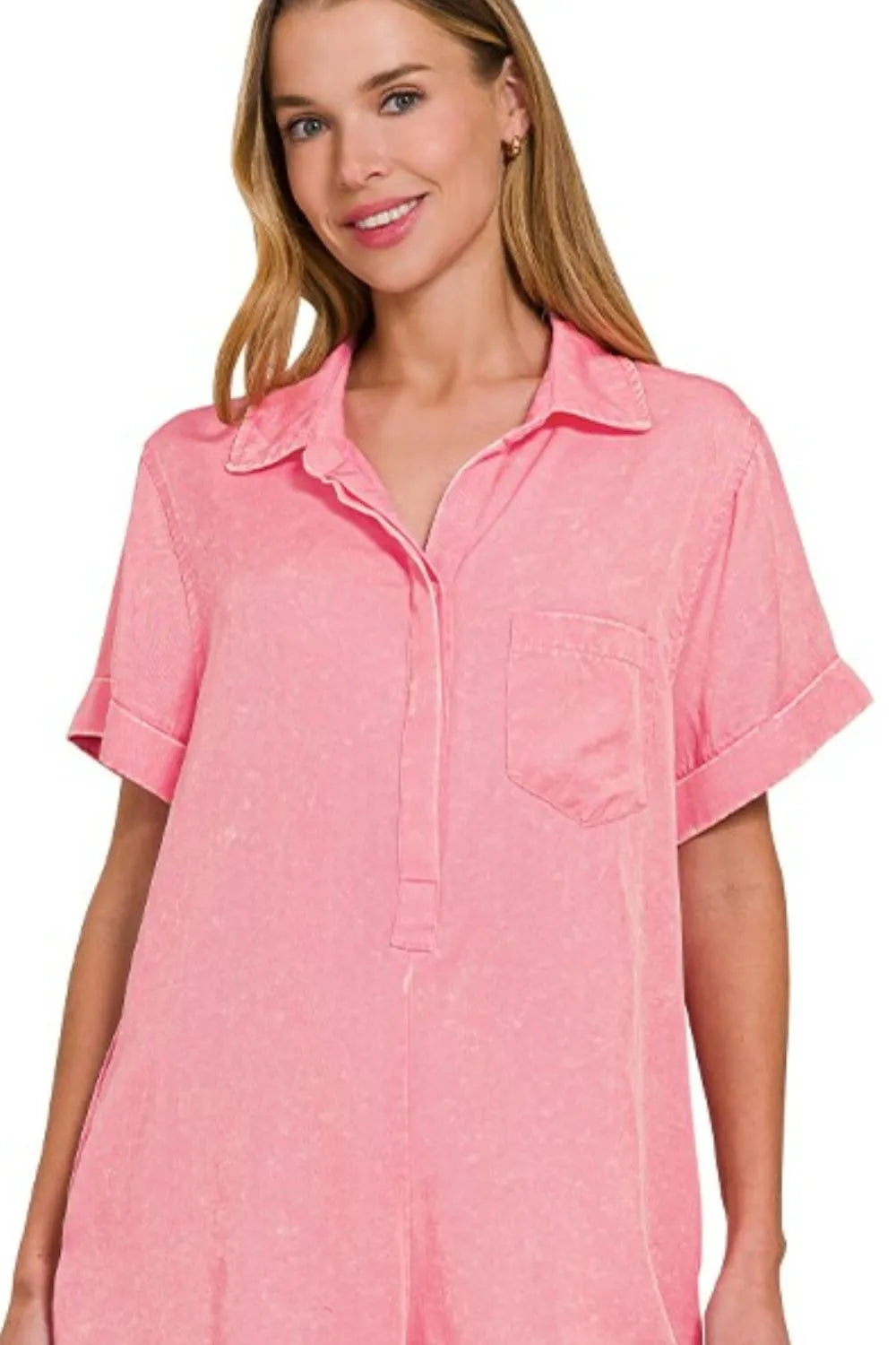 Zenana Dark Pink Tencel Mineral Washed Half Button Shirtsl Romper