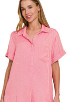 Zenana Dark Pink Tencel Mineral Washed Half Button Shirtsl Romper