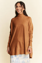 Davi & Dani Caramel High-Low Turtleneck Long Sleeve Knit Top