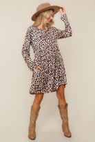 Haptics Taupe Leopard Babydoll Swing Knee Length Knit Dress