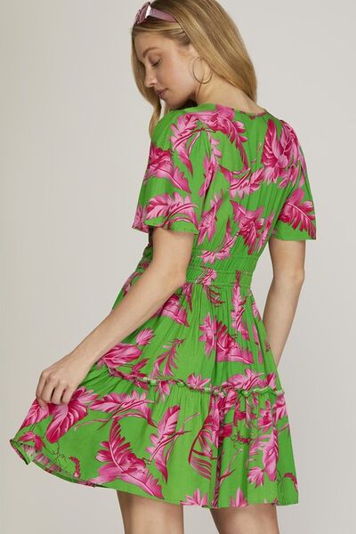 She + Sky Green Printed Notched Short Sleeve Frill Tiered Dress